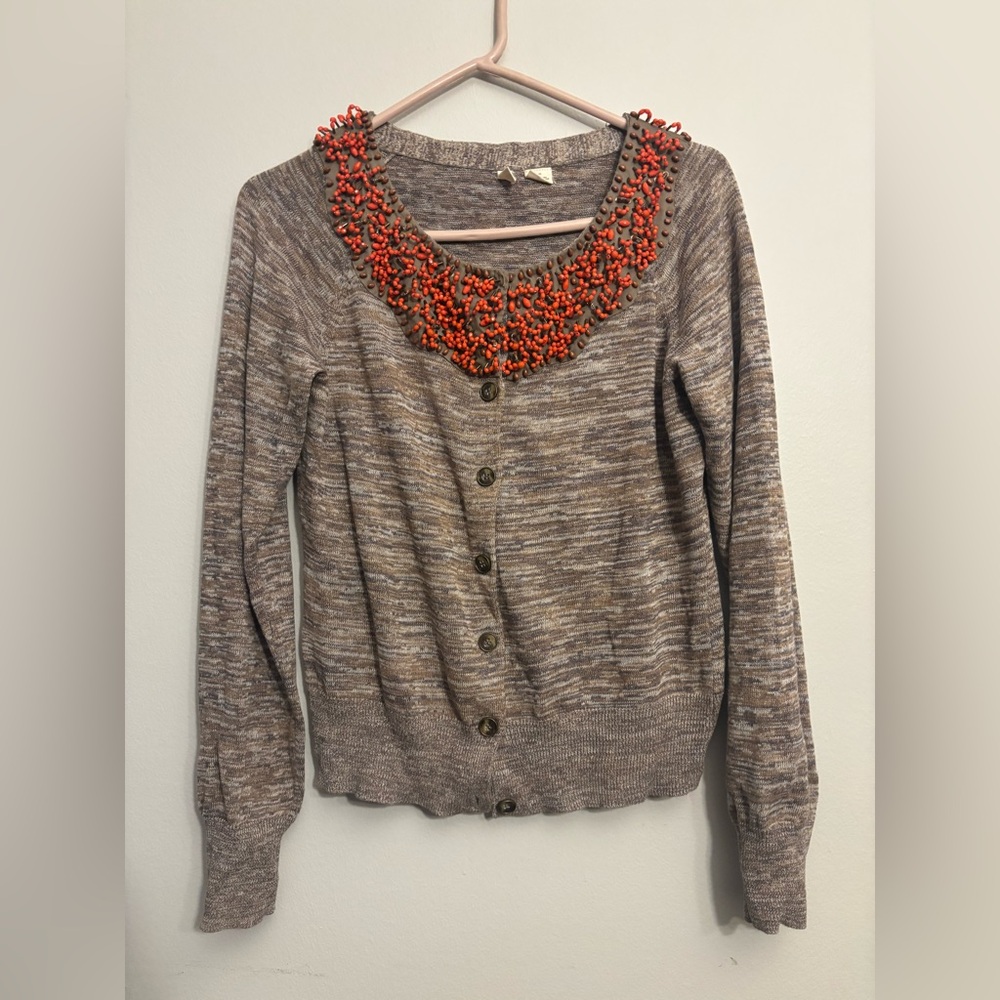 Moth Brown Cardigan with Red Beaded Neckline
